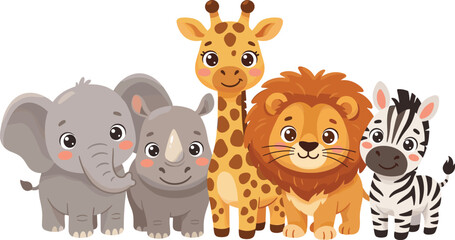 Cute Wild Animal Character Set with Elephant, Rhino, Giraffe, Lion, and Zebra for Kids Cartoon and Nursery Designs © Mustak