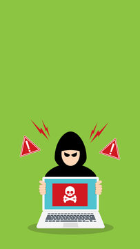 Cyber Threat Warning Hacker Holding Infected Laptop With Malware Alert Flat Vector Illustration	