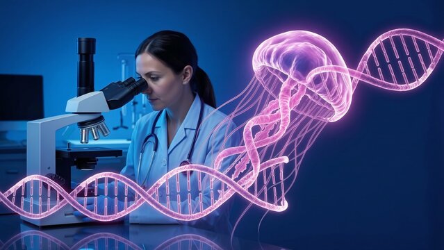 Veterinary Genomic Research and Animal Biotech Laboratory Analysis with Holographic DNA Double Helix and Jellyfish Protein Synthesis for Advanced Pet Genetic Engineering and Medical Discovery