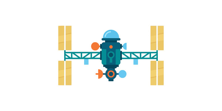 Space station satellite vehicle with solar panels flat vector illustration isolated on transparent background