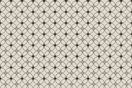 Vintage monochrome geometric seamless pattern of interlocking circles and floral stars on a cream background.