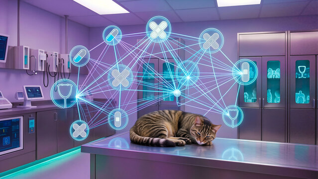 Advanced Veterinary Diagnostic System with Digital Health Overlay for Feline Patient in Modern Clinical Setting Representing AI Animal Healthcare and Precision Pet Medicine for Professional Use