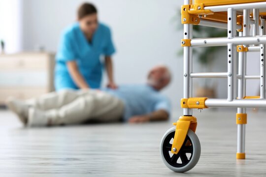 Caregiver and nurse helping an elderly senior after a fall accident in nursing home