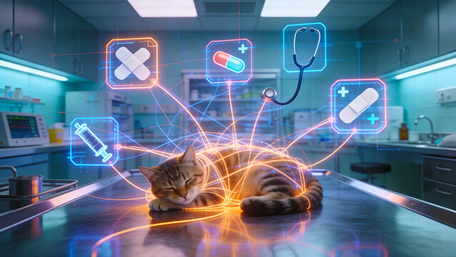 Advanced futuristic veterinary diagnostic system featuring a sleeping cat on a surgical table with holographic medical data overlays representing pet healthcare, AI diagnostics, and animal clinical