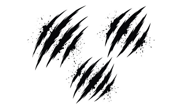 Black animal claw marks with ink splatters on white background
