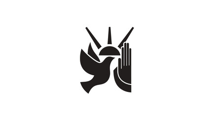 Obraz premium Minimalist black icon featuring a dove and human hand with rising sun rays.