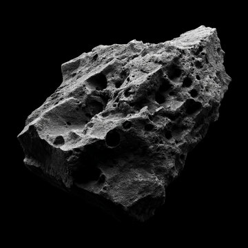 Close-up of a detailed textured asteroid or meteorite with holes and rough surface on black background