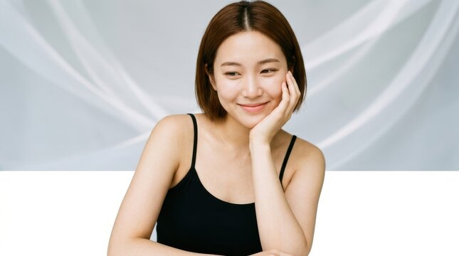Young asian woman with glowing skin posing with hand on chin