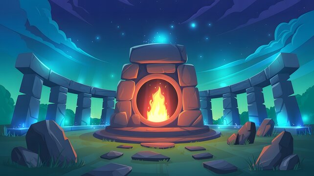Magical stone portal with burning fire in a dark fantasy temple ruins at night