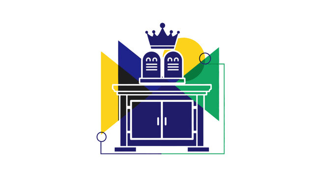 Stylized Jewish Torah Ark with Crown and Tablets of Law Illustration.