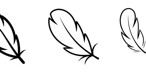 Three simple hand drawn bird feather sketches in black ink outline style Vector, illustration © Single Outline 
