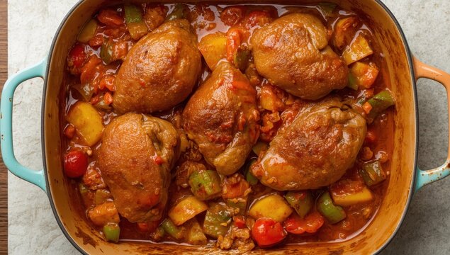 Close-up of peri-peri chicken livers in a dish on a light stone surface. Chicken livers with veggies in tomato sauce. Overhead view.