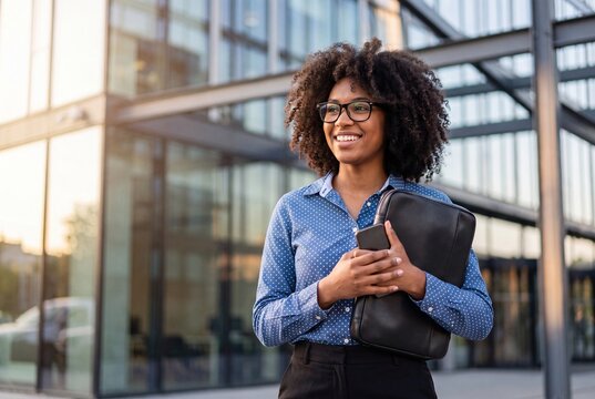 Professional young woman with curly hair holding a laptop bag and smartphone outside a modern office building