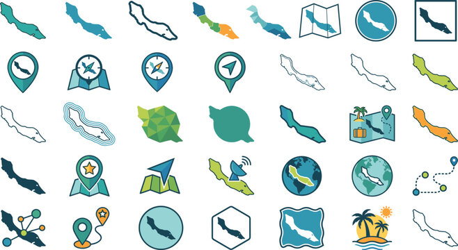 Cura&ccedil;ao map icon set with colorful country outline silhouettes, geographic location pins, travel navigation badges, folded paper maps, and island vectors