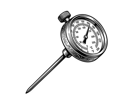 Kitchen meat thermometer. Vintage woodcut engraving art. Culinary precision and measurement. For restaurant logo and apparel. Suitable for cookbooks and menus.