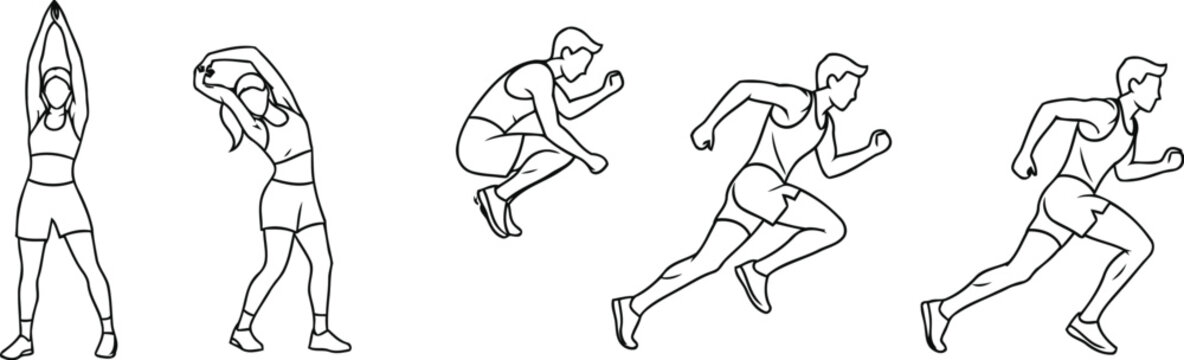 Set of line art sketches showing a man running