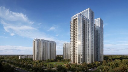 Fototapeta premium High-rise residential towers. New construction. Facade of modern apartments against the sky. Idea of a standard housing community.