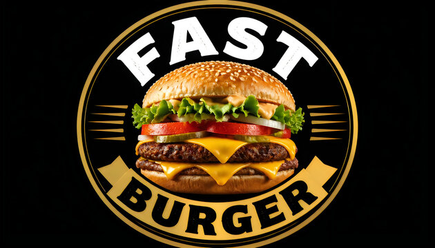 Fast burger emblem design with delicious cheeseburger illustration