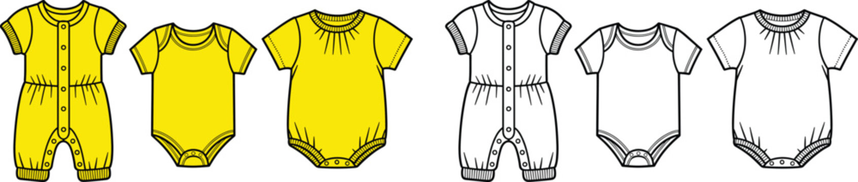 Six Baby Rompers Two Yellow and Four Outline Designs Showing Different Styles baby clothes onesie