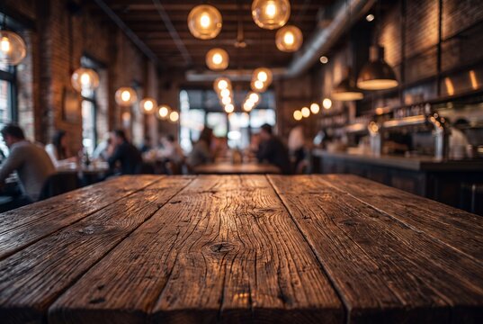 Rustic wooden table in a dimly lit restaurant with blurred background