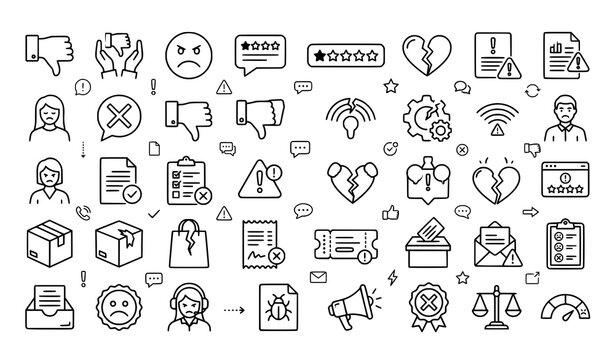 Collection of customer dissatisfaction and complaint icons for business feedback