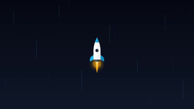 Minimalist rocket ship flying through space, flat animation for tech and startup concepts