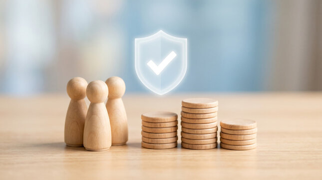 Financial protection concept with wooden figures coins and shield icon.