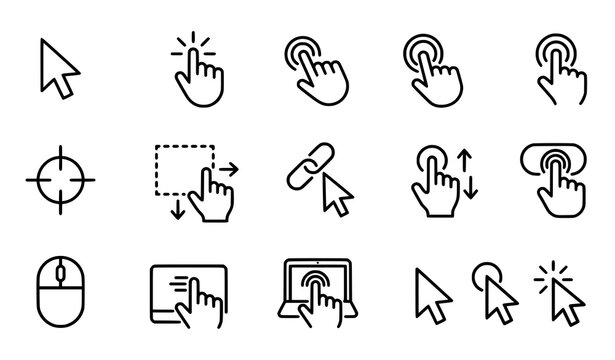 User interface cursor and hand gesture icons set linear style
