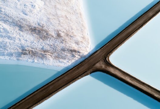 High angle view of a T-junction dirt road intersecting bright turquoise brine pools in a lithium mine