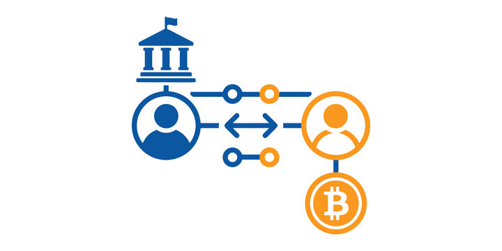 Decentralized finance concept diagram showing traditional bank transfer vs peer to peer bitcoin cryptocurrency transaction isolated on transparent background