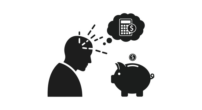 Silhouette of a person thinking about financial planning, saving money, and budgeting with a piggy bank and calculator icon