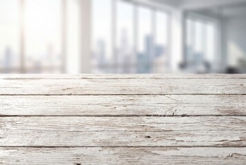 Fototapeta premium Empty wooden table top with blurred office background