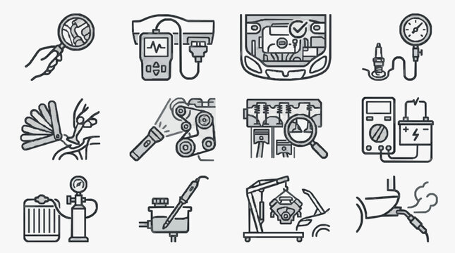 Minimalist Black and White Line Icons Set of Diagnostic and Repair Tools for Auto Mechanics with high quality professional line art symbols for modern creative design and digital branding projects
