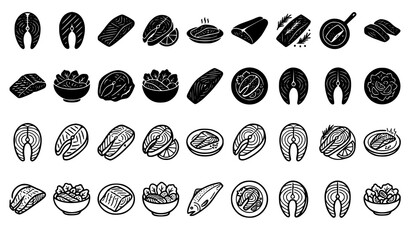 Fototapeta premium Salmon Steak Outline and Glyph Icon Set Seafood Vector Collection