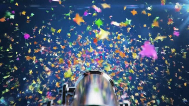 Confetti blast exploding from a shiny chrome canon with colorful shapes and stars against a dark blue background