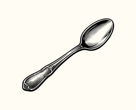 Vintage ornate spoon. Ink engraving illustration. Kitchen cutlery theme. For restaurant menu. Ideal for kitchen decor.