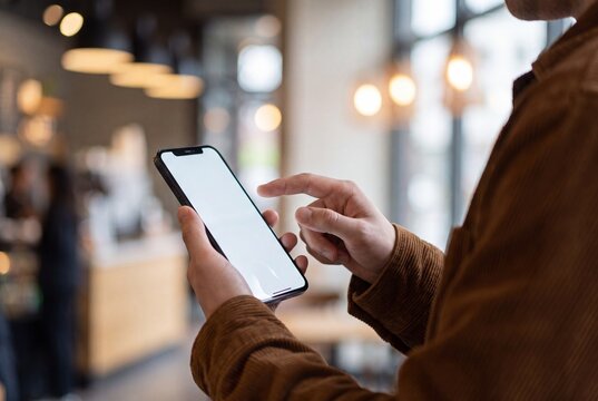 Closeup of a person using a smartphone with a blank white screen in a cafe