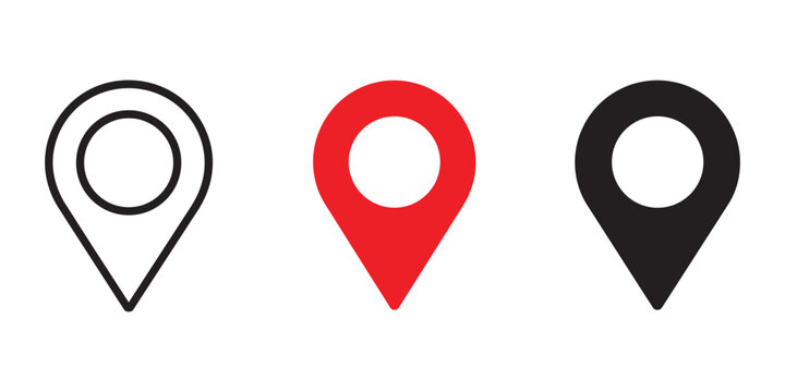 Location Pin and Map Marker Icon Set with Outline, Filled, and Color Variations for Navigation, GPS, Geolocation, and User Interface Design