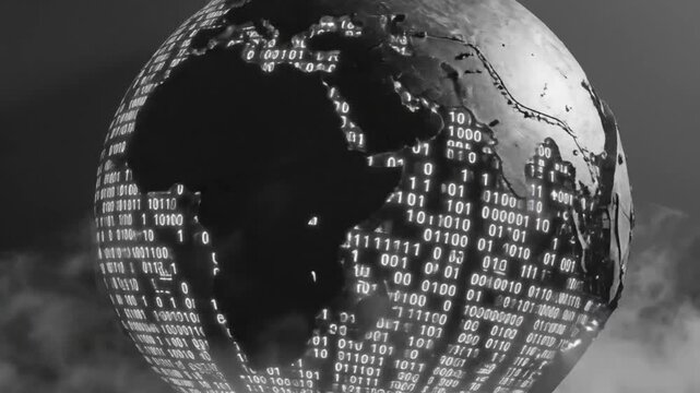 Black and white abstract metal globe with binary code illuminating the surface against a dark background
