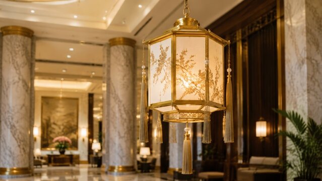 A large gold-framed Chinese lantern with delicate floral painting and hanging tassels suspends in a marble-pillar luxury hotel lobby
