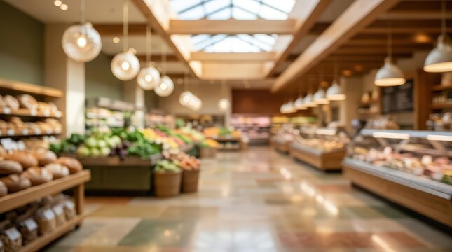 wide angle view of a modern boutique grocery store interior, blurred background featuring produce bins, artisan bakery shelves, and deli cases.