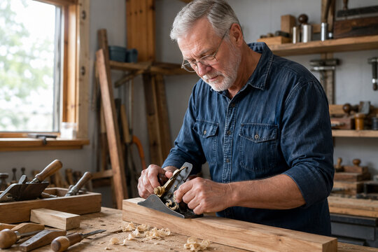 Senior Man Woodworking in Home Workshop