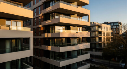 Fototapeta premium Modern Residential Apartments With Sunrise Light Bathed Balconies And Windows