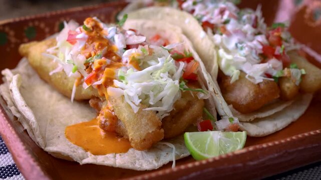 Baja style fish tacos delicious baja style fish tacos served with cabbage, pico de gallo, lime and spicy sauce