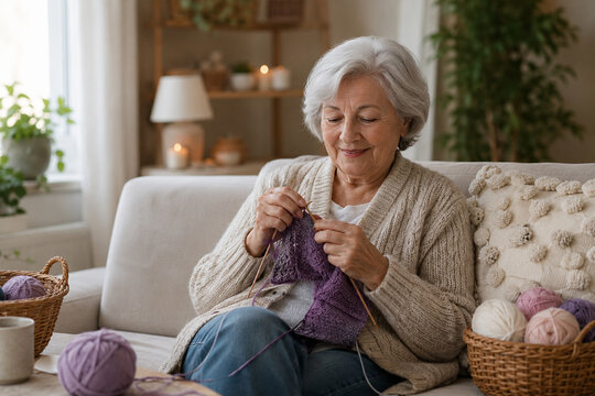 Senior Woman Knitting on Sofa at Home