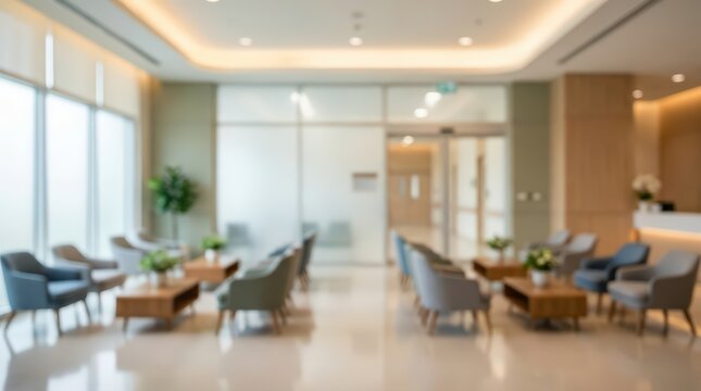 blurred wide angle view of a modern medical clinic lobby, contemporary armchairs in grey and blue, low wooden coffee tables with small plants, warm recessed ceiling lighting.