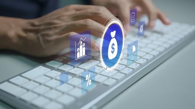 Corporate finance and annual strategic plan concept. Person typing keyboard with financial planning and business strategy icons, budget management, corporate performance and long term business growth.