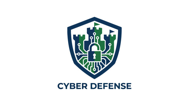 Cyber defense logo design featuring a digital shield with a castle and padlock.