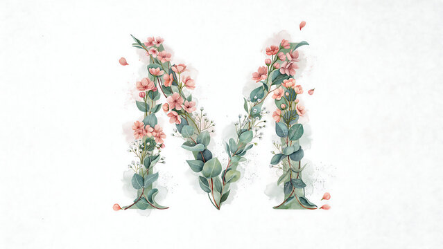 The letter m formed by pink flowers and green eucalyptus leaves isolated on a transparent background