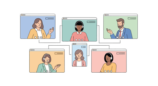 Online video call meeting with multiple participants connecting remotely from different locations